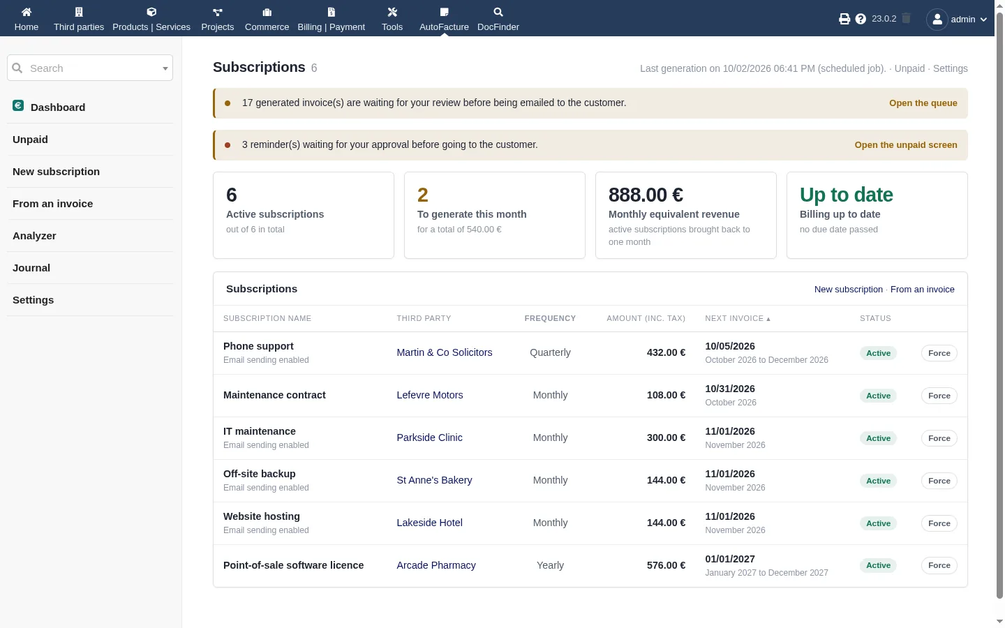 AutoFacture, Facturación recurrente y recordatorios